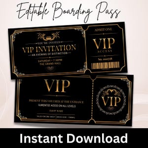 Może przedstawiać: Dwa czarno-złote szablony kart pokładowych VIP z ozdobnymi obramowaniami, grafikami koron i tekstem, w tym "VIP INVITATION", "ADMIT ONE", "VIP ACCESS", "No. 001728" oraz "PRESENT THIS VOUCHER AT THE ENTRANCE". Projekt zawiera kod kreskowy.