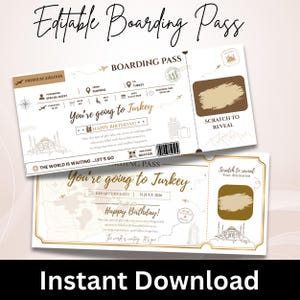Puede incluir: Dos plantillas rectangulares de tarjetas de embarque con detalles en dorado y marrón. Los diseños incluyen texto como "You're going to Turkey", "Happy Birthday" y "Scratch to Reveal". Los gráficos muestran aviones, una maleta, un mapa y una mezquita.