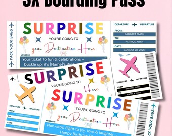 Plantilla de boleto de viaje sorpresa de cumpleaños, tarjeta de embarque imprimible de feliz cumpleaños, boleto de viaje DIY, regalo de avión, Canva editable