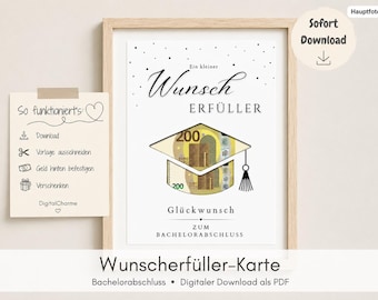 Könnte beinhalten: Eine weiße rechteckige Karte in einem hellen Holzrahmen mit dem deutschen Text Ein kleiner Wunsch ERFÜLLER und Glückwunsch ZUM BACHELORABSCHLUSS. Das Design zeigt eine Doktorhut-Grafik, die mit einem 200-Euro-Schein und schwarzen Punkten gefüllt ist.