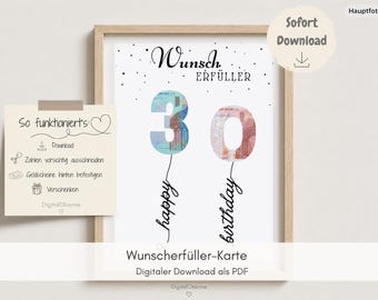 Könnte beinhalten: Ein gerahmter Druck mit den Worten "Wunsch Erfüller" und "30" in der Mitte, darunter "happy birthday". Die Zahlen sind so gestaltet, dass sie wie Währung aussehen. Eine kleinere Karte auf der linken Seite enthält Anweisungen.