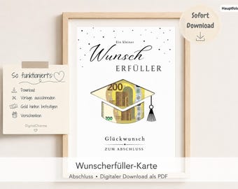Könnte beinhalten: Eine weiße rechteckige Karte in einem hellen Holzrahmen mit dem Text Ein kleiner Wunsch ERFÜLLER und Glückwunsch ZUM ABSCHLUSS. In der Mitte ist eine Doktorhut-Illustration abgebildet, in der ein 200-Euro-Geldschein sichtbar eingefügt ist.