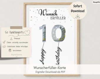Könnte beinhalten: Ein gerahmter Druck mit der Zahl 10, die wie Geld aussieht, mit den Worten "happy birthday" darunter. Die Worte "Wunsch Erfüller" stehen oben. Der Druck ist ein digitaler Download.