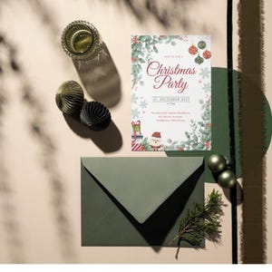 May include: A Christmas party invitation with festive greenery and ornaments. The invitation features the text "Christmas Party" and the date "25. December 2025". An envelope, decorative balls, and a glass are also present.