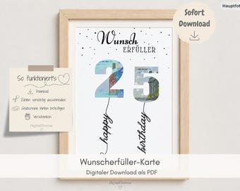 Könnte beinhalten: Ein gerahmter Druck mit dem Text "Wunsch Erfüller" und der Zahl "25" aus Geld. Die Wörter "happy" und "birthday" stehen unter den Zahlen. Eine kleine Notiz auf der linken Seite lautet "So funktioniert's".