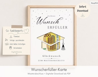 Könnte beinhalten: Ein gerahmter Druck mit einer Doktorhut-Illustration, bei der ein 200-Euro-Schein durch einen Ausschnitt sichtbar ist. Der Text lautet Ein kleiner Wunsch ERFÜLLER, Glückwunsch und ZUM MASTERABSCHLUSS. Ein beiliegender Zettel erklärt die Montage.