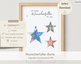 Könnte beinhalten: Gerahmter Druck mit dem Text "Ein kleiner Wunscherfüller für dich" und drei Sternformen aus Geldscheinen. Ein kleiner Haftzettel links zeigt "So funktioniert's" mit Anweisungen. Der Druck ist ein digitaler Download als PDF.