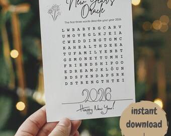 Könnte beinhalten: Eine weiße Karte mit dem Text "New Year's Oracle" und einem Wortsuchrätsel für das Jahr 2026. Die Karte enthält auch den Satz "Happy New Year!" und eine kreisförmige Grafik "sofortiger Download".
