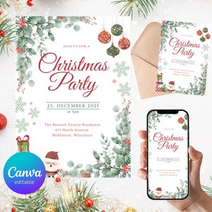 May include: A Christmas Party invitation with a festive design. The invitation features the text "Christmas Party" in a decorative font, along with the date, time, and location. The design includes holly, ornaments, and snowflakes. A phone displays the invitation.