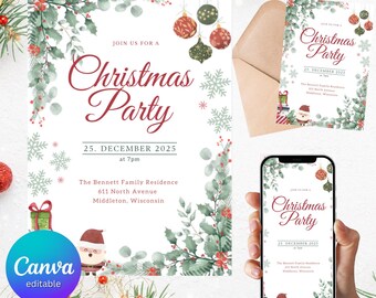 Könnte beinhalten: Eine Weihnachtsparty-Einladung mit festlichem Design. Die Einladung enthält den Text "Christmas Party" in einer dekorativen Schriftart sowie Datum, Uhrzeit und Ort. Das Design umfasst Stechpalmen, Ornamente und Schneeflocken. Ein Telefon zeigt die Einladung an.