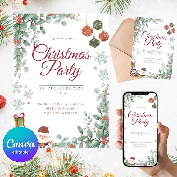 Digitale Einladung Weihnachtsparty · Digitale Vorlage · Sofort anpassbar in Canva · Weihnachtskarte personalisiert