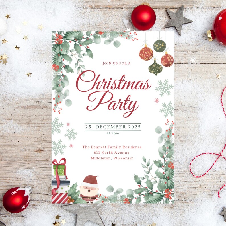 May include: A Christmas party invitation with the text "Christmas Party" in a decorative font. The invitation includes the date, time, and location: The Bennett Family Residence, 611 North Avenue, Middleton, Wisconsin. The design features watercolor holly and snowflake accents.