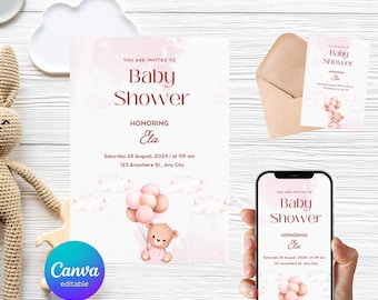 May include: Baby shower invitation with a watercolor teddy bear holding pink balloons. The invitation includes the text "Baby Shower" and details for the event, including the honoree's name, date, time, and location. A phone displays the same invitation.