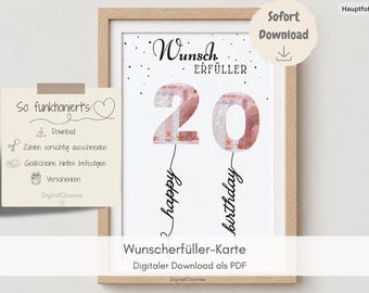 Könnte beinhalten: Ein gerahmter Druck mit dem Text "Wunsch Erfüller" und "happy birthday" in Schreibschrift. Die Zahl "20" ist mit Euro-Banknoten gestaltet. Ein kleines Notizbuch links enthält Anweisungen und den Text "So funktioniert's".