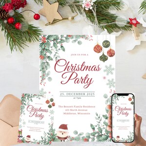 May include: Christmas party invitations with a festive design. The invitations feature the text "Christmas Party" in elegant script, along with the date and time. The design includes watercolor holly, ornaments, and a Santa illustration.