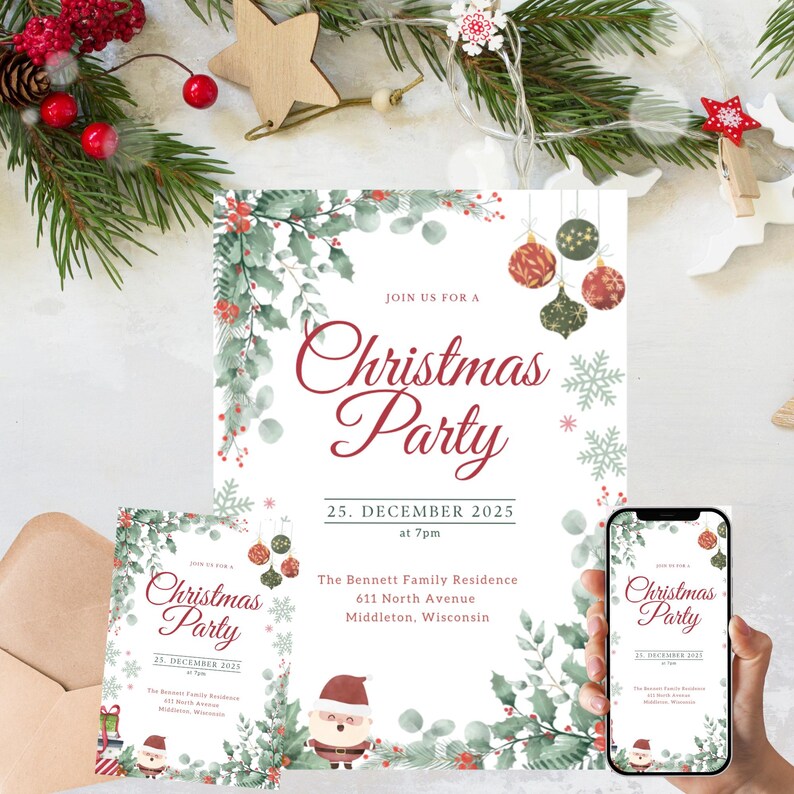 May include: Christmas party invitations with a festive design. The invitations feature the text "Christmas Party" in elegant script, along with the date and time. The design includes watercolor holly, ornaments, and a Santa illustration.
