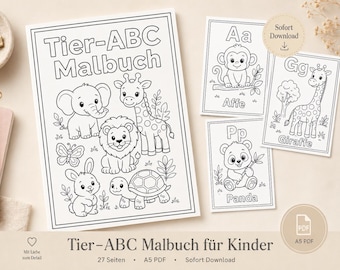 Könnte beinhalten: Ein schwarz-weißes Malbuch mit dem Titel "Tier-ABC Malbuch" mit Illustrationen von Tieren wie einem Elefanten, einer Giraffe und einem Löwen. Zusätzliche Karten zeigen einen Affen, eine Giraffe und einen Panda mit ihren entsprechenden Buchstaben. Der Text "Tier-ABC Malbuch für Kinder" ist ebenfalls sichtbar.