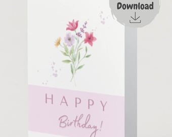 Könnte beinhalten: Eine gefaltete Grußkarte mit einem Aquarell-Blumenmuster. Die Karte zeigt einen Strauß aus rosa, lila und gelben Blumen. Die Worte "HAPPY Birthday!" sind in einem rosa Banner unten aufgedruckt.