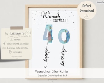 Könnte beinhalten: Ein gerahmter Druck mit dem Text "Wunsch Erfüller" und "happy birthday" in Schreibschrift. Die Zahl "40" wird mit einem Design zum Thema Geld dargestellt. Ein Haftzettel links zeigt "So funktioniert's".