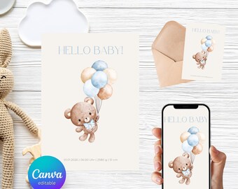 Könnte beinhalten: Eine Baby-Ankündigungskarte mit dem Text "HELLO BABY!". Sie zeigt eine Aquarell-Illustration eines Teddybären, der Ballons in Blau- und Beigetönen hält. Ein Smartphone zeigt das gleiche Design. Ein Umschlag und eine kleine Karte sind ebenfalls zu sehen.