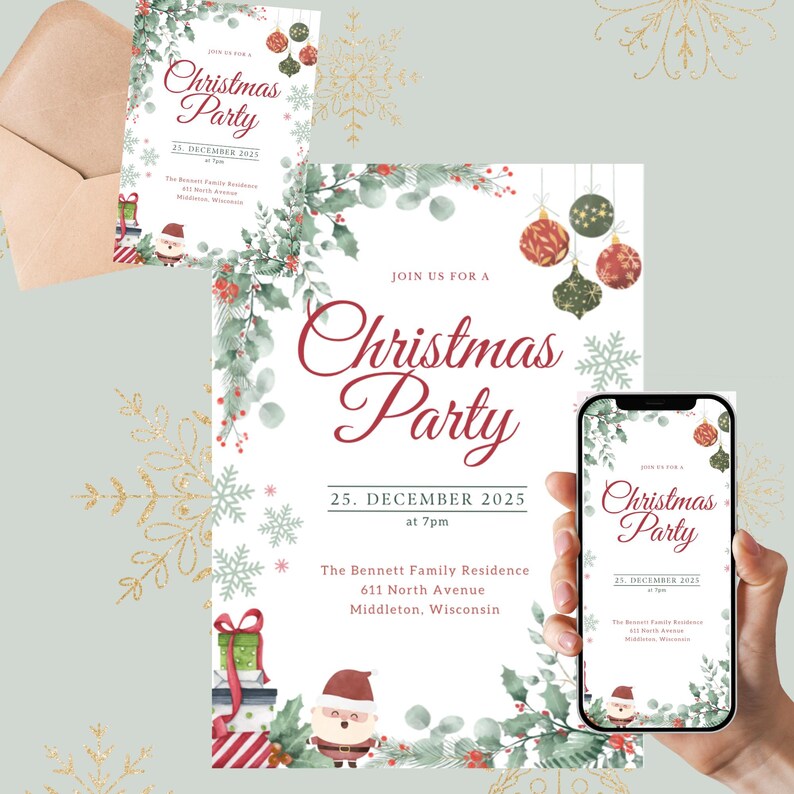 May include: Christmas party invitation with a festive design. The invitation features the text "Christmas Party" in a script font, along with event details. The design includes watercolor greenery, ornaments, and a Santa illustration. A smartphone displays the invitation.