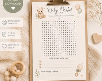 Könnte beinhalten: Ein Spielblatt aus Papier mit dem Titel Baby Orakel, das ein Suchrätsel, eine Teddybären-Illustration, Luftballons und eine Rassel zeigt. Das Blatt enthält Zeilen für Vorhersagen und Wünsche, verziert mit kleinen Herzen und grünen Blättern.