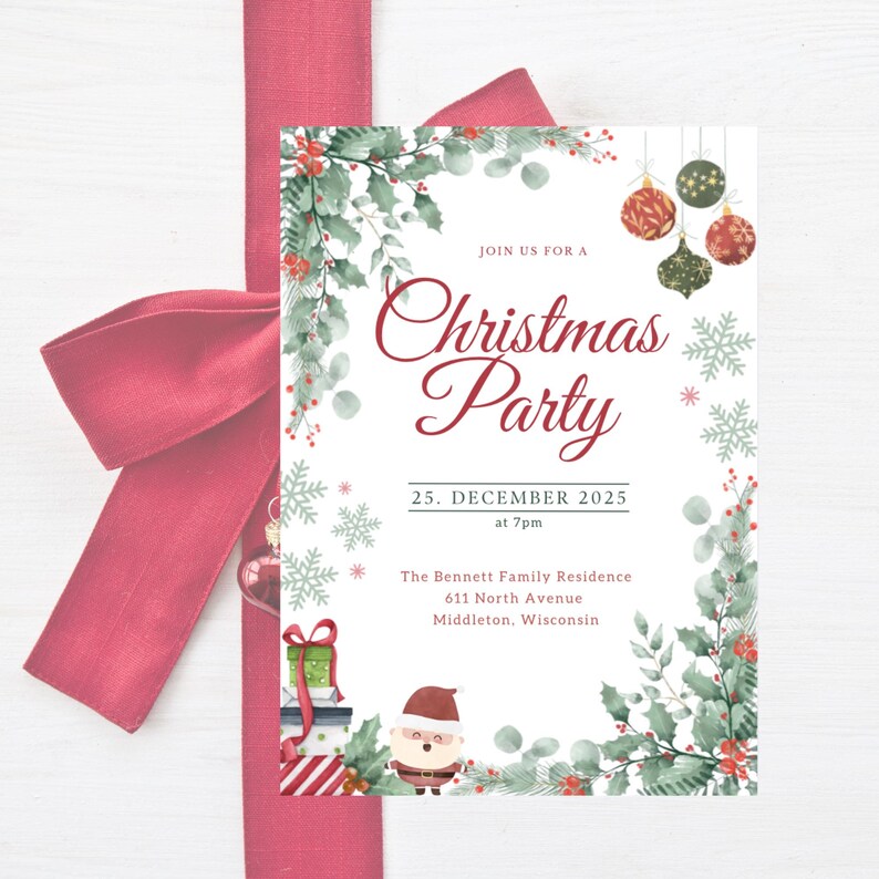 May include: A Christmas party invitation with a red ribbon and bow. The invitation features the text "Christmas Party" in a decorative font, along with the date, time, and address. The design includes festive elements like ornaments, snowflakes, and holly.