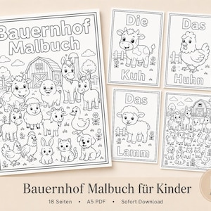 Könnte beinhalten: Ein schwarz-weiß Malbuch mit dem Titel "Bauernhof Malbuch" mit Bauernhoftieren und einer Scheune. Zusätzliche Karten zeigen einzelne Tiere mit deutschen Wörtern. Der Text "Bauernhof Malbuch für Kinder" ist ebenfalls sichtbar.