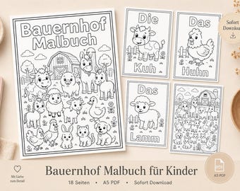 Könnte beinhalten: Ein schwarz-weiß Malbuch mit dem Titel "Bauernhof Malbuch" mit Bauernhoftieren und einer Scheune. Zusätzliche Karten zeigen einzelne Tiere mit deutschen Wörtern. Der Text "Bauernhof Malbuch für Kinder" ist ebenfalls sichtbar.