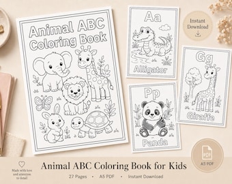 Könnte beinhalten: Ein "Tier ABC Malbuch" mit Illustrationen von Tieren wie Elefant, Giraffe und Löwe. Enthält einzelne Malvorlagen für die Buchstaben A, G und P mit einem Alligator, einer Giraffe und einem Panda. Das Buch ist für Kinder konzipiert.