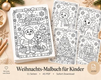 Mein Weihnachts-Malbuch für Kinder PDF zum Ausdrucken | 11 Seiten mit Cover | Digitaler Download PDF