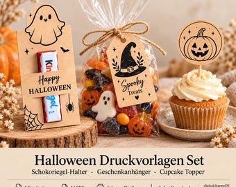 Halloween Druckvorlagen Bundle | Süßigkeiten Mitgebsel | Schokoriegel-Halter, Cupcake Topper & Geschenkanhänger | A4 PDF