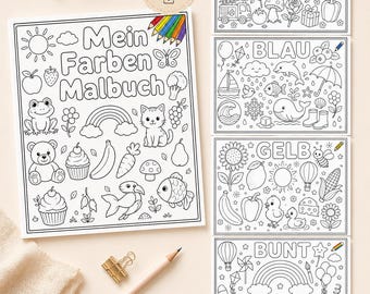 Könnte beinhalten: Ein digitales Malbuch mit dem Titel Mein Farben Malbuch, bestehend aus dreizehn A5-Seiten mit schwarz-weißen Strichzeichnungen von Tieren, Lebensmitteln und Naturmotiven. Die Seiten enthalten Themen für Rot, Blau, Gelb und bunte Gegenstände mit deutschen Textbeschriftungen.