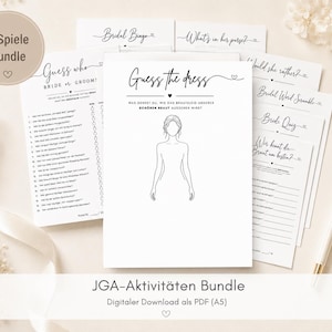 Könnte beinhalten: Ein Set aus acht weißen Spielkarten aus Papier für Junggesellinnenabschiede mit schwarzem Text und Strichzeichnungen. Die Karten enthalten Titel wie Guess the dress, Bridal Bingo, What's in her purse, Would she rather, Bridal Word Scramble und Bride Quiz.