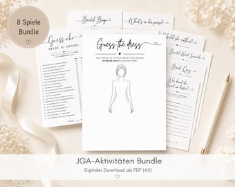 Könnte beinhalten: Ein Set aus acht weißen Spielkarten aus Papier für Junggesellinnenabschiede mit schwarzem Text und Strichzeichnungen. Die Karten enthalten Titel wie Guess the dress, Bridal Bingo, What's in her purse, Would she rather, Bridal Word Scramble und Bride Quiz.