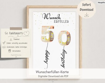 Könnte beinhalten: Ein gerahmter Druck mit der Zahl "50" aus Euro-Banknoten, darunter "happy birthday". Der Druck trägt den Titel "Wunscherfüller-Karte" und enthält den Text "Digitaler Download als PDF". Eine kleine Notiz links sagt "So funktioniert's".