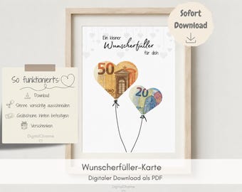 Könnte beinhalten: Gerahmter Druck mit zwei herzförmigen Ballons aus Euro-Banknoten, einem 50er und einem 20er. Der Druck enthält den Text "Ein kleiner Wunscherfüller für dich" und "Wunscherfüller-Karte". Eine kleine Notiz erklärt die Verwendung des Drucks.