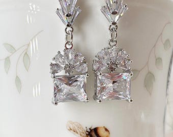 Elegant CZ Bridal Earrings: 14k Gold or Platinum Silver Wedding Jewelry