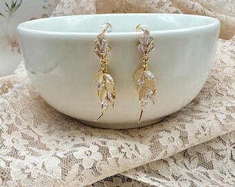 Gold Bridal Drop Earrings: Cubic Zirconia & Champagne Crystals