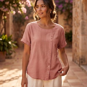 Womens Linen Top | Cotton Linen Short Sleeve Button Blouse | Pink & Purple | Loose Boho Summer Shirt | Plus Size Linen Clothing
