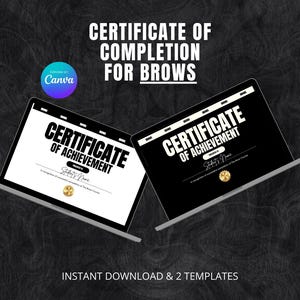 Op de afbeelding: Twee certificaten van prestatie voor wenkbrauwen, één met een witte achtergrond en de andere met een zwarte achtergrond. De certificaten hebben gouden zegels en de tekst "Certificaat van Prestatie". De afbeelding bevat ook de tekst "Direct downloaden & 2 sjablonen".