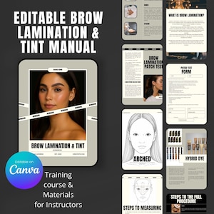 Puede incluir: Manual editable de laminación y tinte de cejas para instructores. El manual incluye un retrato de una mujer con cejas laminadas, diagramas y formularios. La portada presenta el texto "Editable on Canva" y "Training course & Materials for Instructors."