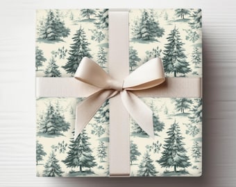 Vintage Toile Christmas Tree Wrapping Paper - Sage Green Toile de Jouy Xmas Wrapping Paper Roll, Antique Style Gift Wrap Present Packaging