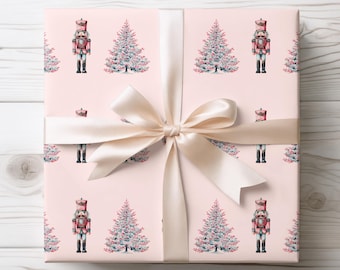 Pink Nutcracker Christmas Wrapping Paper - Watercolor Nutcracker Soldiers Xmas Trees Gift Wrap, Preppy Wrapping Paper Roll Pastel Presents