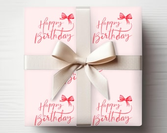 Coquette Happy Birthday Wrapping Paper: Pink Bows Gift Wrap, Watercolor Pastel Birthday Girl Packaging