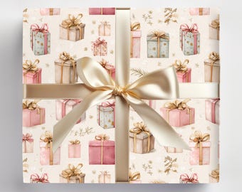Papier cadeau rose coquette, emballage cadeau aquarelle vintage pour les vacances d'anniversaire de Noël, emballage cadeau pastel élégant pour elle