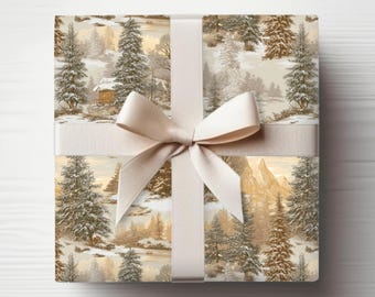 Papel de embrulho vintage para floresta de inverno: embalagem para presente de cabana em floresta nevada, embalagem rústica de montanha para Natal