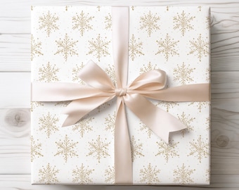 Gold Snowflake Wrapping Paper: Minimalist Christmas Winter Gift Wrap, Elegant Gold Holiday Packaging, Xmas Festive Decorative Presents
