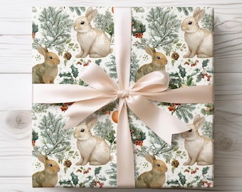 Winter Bunny Wrapping Paper: Woodland Rabbit Christmas Gift Wrap, Cozy Winter Cottagecore Holiday Packaging