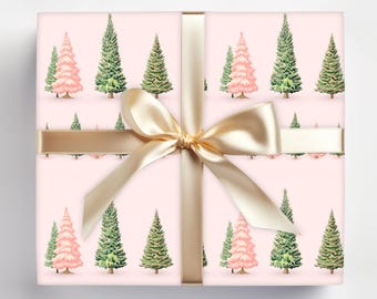 Papier cadeau sapin de Noël rose Coquette - emballage cadeau aquarelle preppy pour les fêtes, cadeaux de Noël rose pastel, emballage cadeau illustré chic